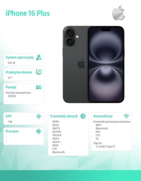 IPhone 16 Plus 256GB - Czarny Apple