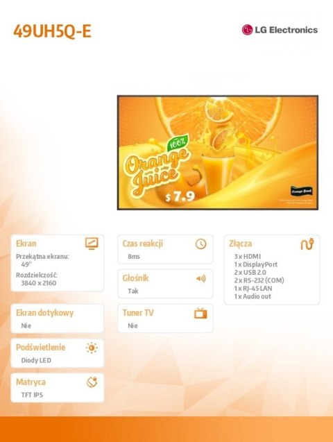 Monitor wielkoformatowy 49 cali 49UH5Q-E 500cd/m2 UHD 24/7 LG Electronics