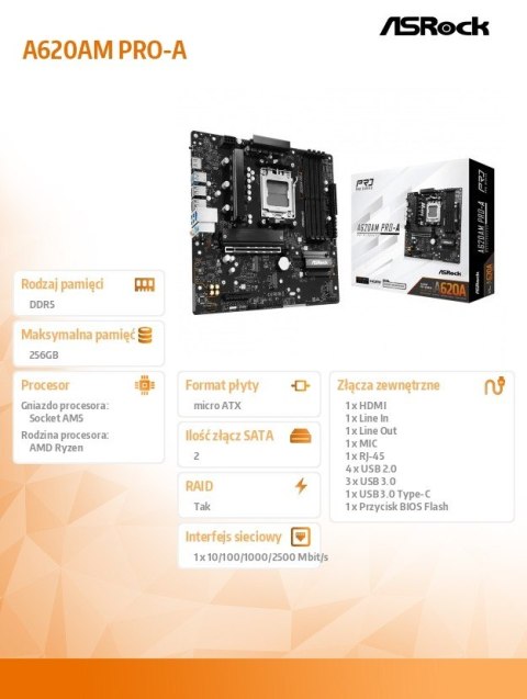 Płyta główna A620AM PRO-A AM5 4DDR5 HDMI M.2 mATX ASRock