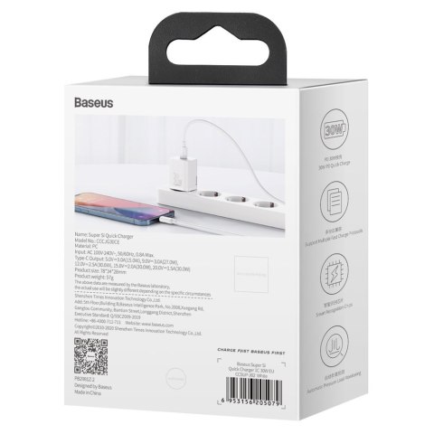 Super szybka ładowarka sieciowa Si 1C USB-C 30W PD QC biały BASEUS