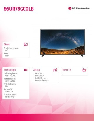 Telewizor LED 86 cali 86UR78GC0LB LG Electronics