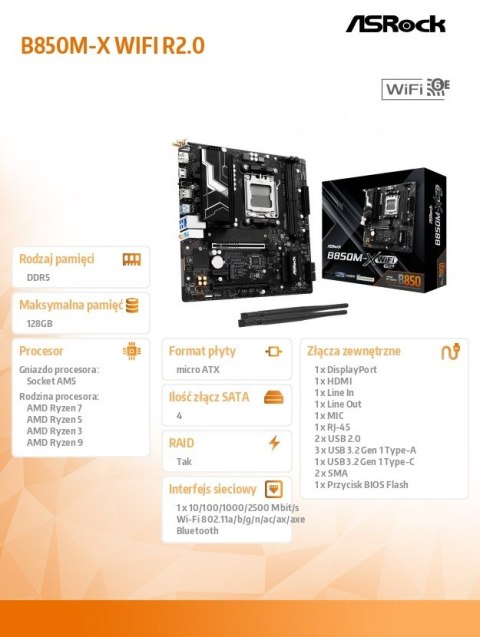 Płyta główna B850M-X WIFI R2.0 AM5 2DDR5 M.2 USBC mATX ASRock