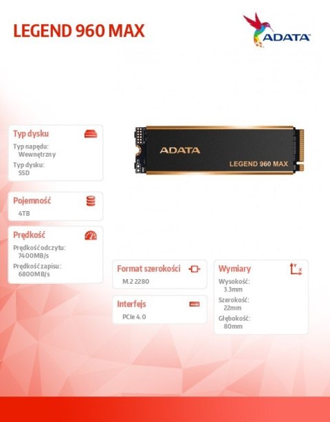 Dysk SSD LEGEND 960 MAX 4TB PCIe 4x4 7.4/6.8 GB/s M2 Adata