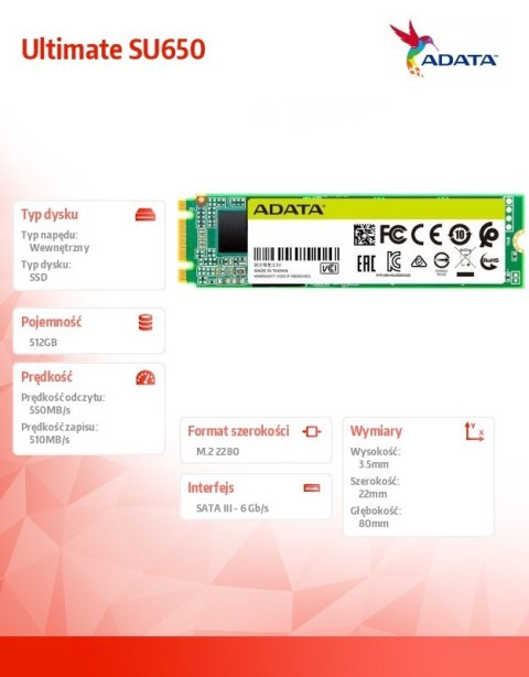 Dysk SSD Ultimate SU650 512GB M.2 TLC 3D 2280 SATA Adata