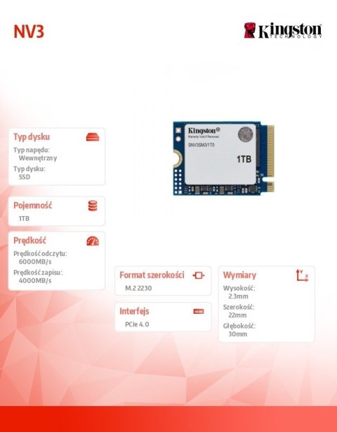 Dysk SSD NV3 1TB M.2 2230 PCI-e 4.0 NVMe 6000/4000 Kingston