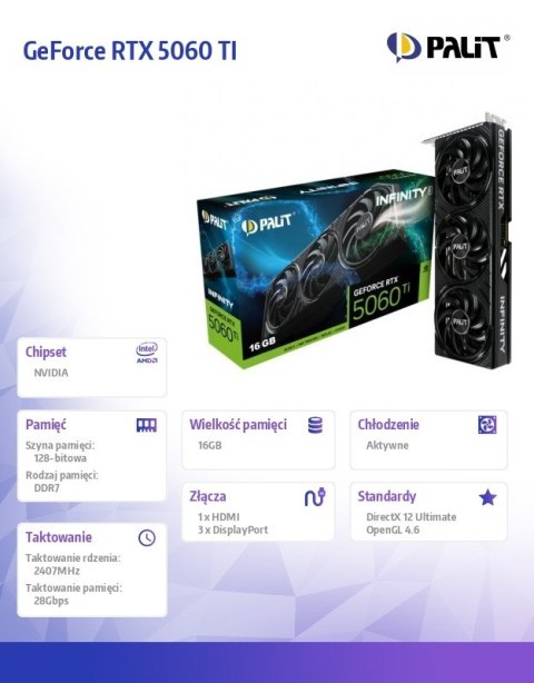 Karta graficzna GeForce RTX 5060 TI INFINITY 3 16GB GDDR7 128bit 3DP/HDMI Palit