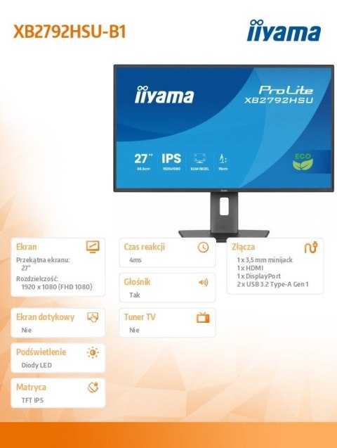 Monitor 27 cali XB2792HSU-B1 IPS,FHD,HDMI,DP,120Hz,350cd,4ms, cienkie ramki, 1500:1, ErP B, USB HUBx2 IIYAMA