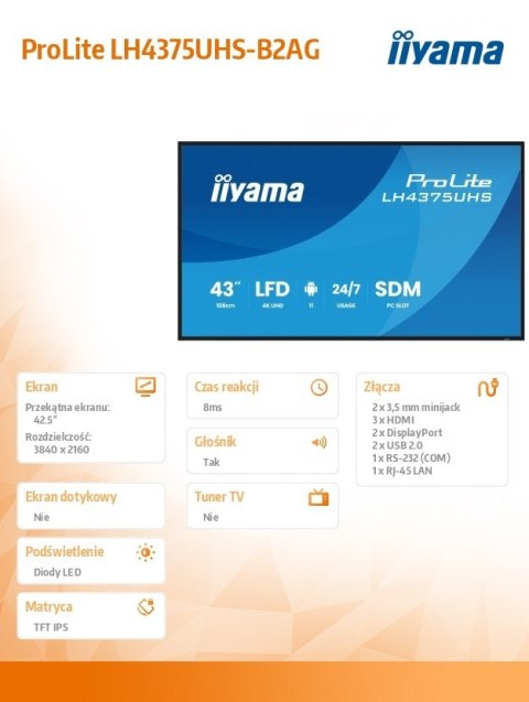 Monitor 43 cale LH4375UHS-B2AG,24/7,IPS,ANDROID.11,4K, WiFi, iiSignage2, FailOver, EShare, 24/7, full daisy chain IIYAMA