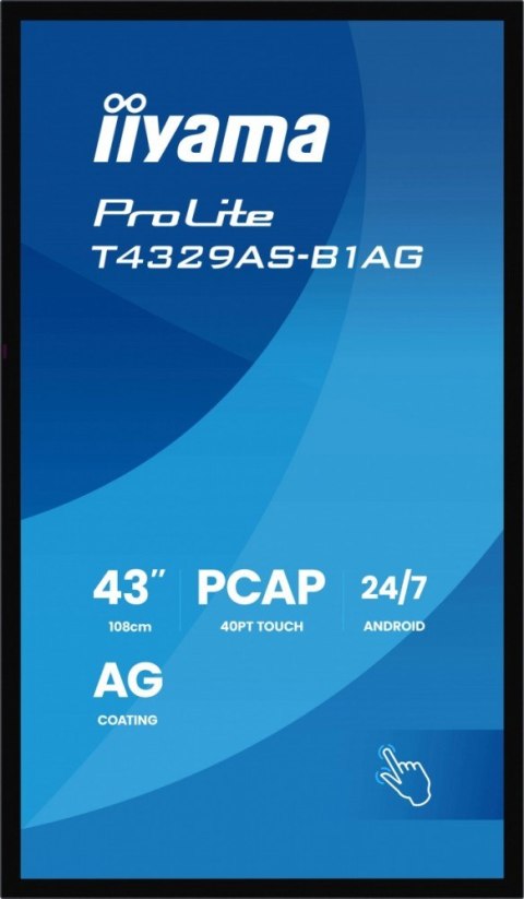 Monitor 43 cale T4329AS-B1AG VA,4K,HDMIx2,USB-C,RJ45,2x10W,WiFi, Android 14, Signal FailOver, Whiteboard, iiSignage (CMS), i IIYAMA