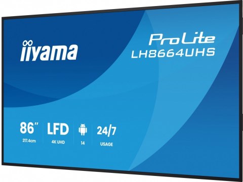 Monitor 86 cali LH8664UHS-B3AG 24/7,IPS,ANDROID 14,4K,2xHDMI,RJ45, 2xUSB,WiF,iUSB-C(DP-Alt),2x16W, iiSignage? (CMS), iiContro IIYAMA