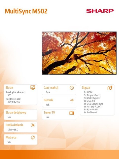 Monitor wielkoformatowy MultiSync M502 50 cali 550cd/m2 24/7 Sharp