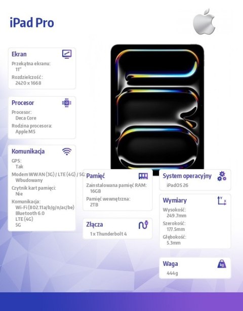 IPad Pro 11 cali Wi-Fi + Cellular 2 TB z szybą o nano-strukturze - Czarny (Space Black) Apple