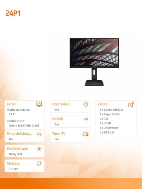 Monitor 23.8 cala 24P1 IPS DVI DP HDMI Pivot Głośniki AOC