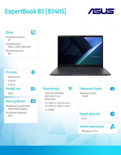 Notebook ExpertBook B3 B3405CVA-LY0194X - i5-1334U/16GB/512GB/14 WUXGA/Win 11 PRO/3YRS Asus
