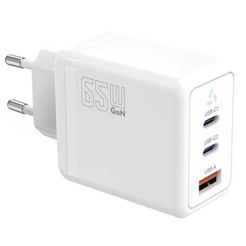 Ładowarka sieciowa 2x USB C + USB A Power Delivery biała, GaN 65W TB