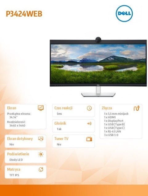 Monitor P3424WEB 34 cale IPS Zakrzywiony WQHD (3440x1440)/21:9/HDMI/DP/USB-C/RJ-45/Kamera/Głośniki/Mikrofon/3Y Dell