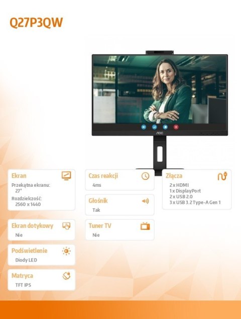 Monitor Q27P3QW 27 cali IPS HDMI DP Pivot Kamera AOC