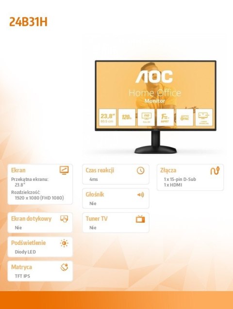 Monitor 23.8 cala 24B31H IPS 120Hz HDMI VGA AOC