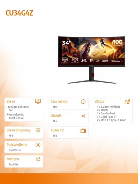 Monitor CU34G4Z 34 cale 240Hz Curved VA HDMIx2 DP HAS AOC