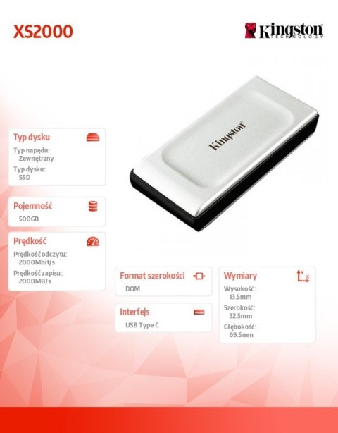 Dysk SSD XS2000 500GB USB3.2 Gen2.2 Zewnętrzny Kingston