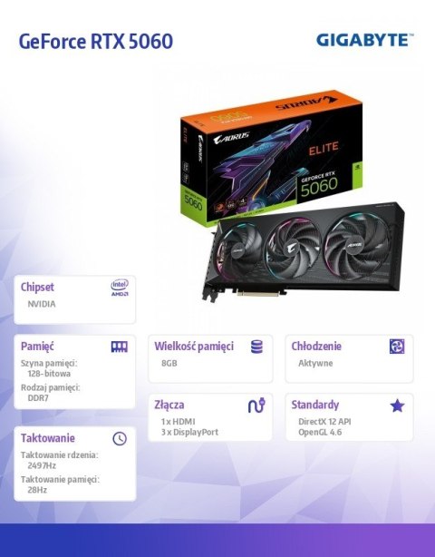 Karta graficzna AORUS GeForce RTX 5060 ELITE 8GB 128BIT GDDR7 HDMI/DP Gigabyte