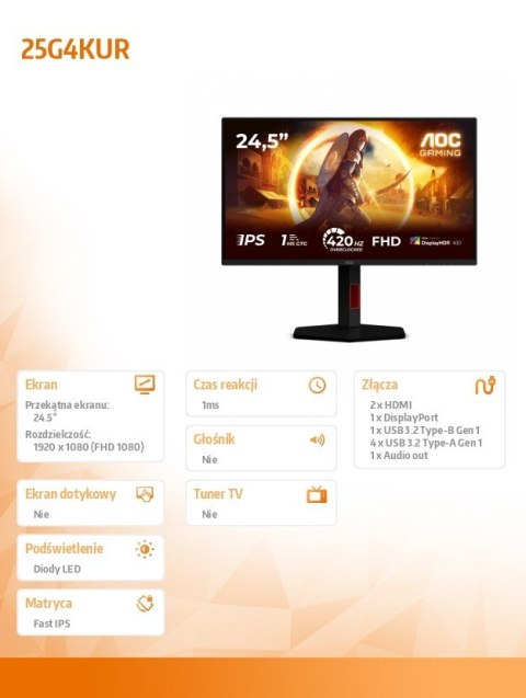 Monitor 25G4KUR 24.5 cala IPS 420Hz HDMIx2 DP Pivot AOC