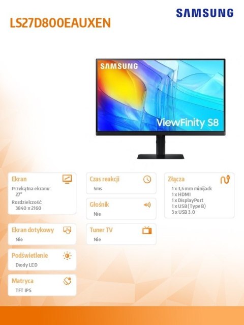 Monitor 27 cali ViewFinity S80D IPS 3840x2160 UHD 16:9 1xHDMI 1xDP 3xUSB 3.0 5ms PinP/PbyP 60Hz HAS+PIVOT płaski 3YOn-Site Samsung