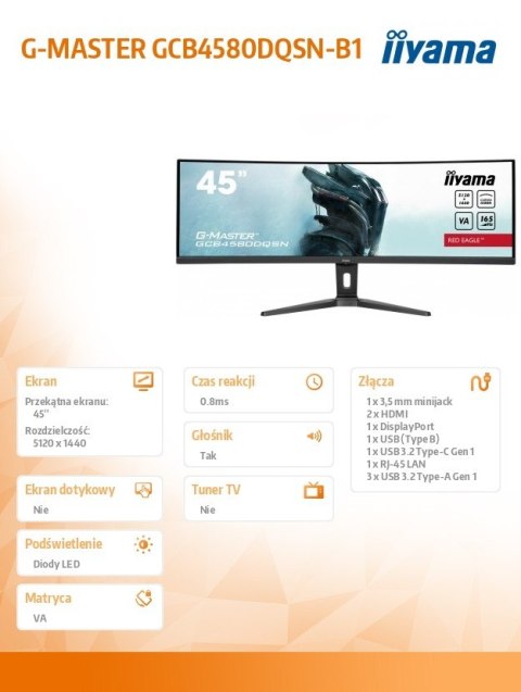 Monitor 45 cali G-Master GCB4580DQSN-B1, VA,DQHD,165HZ,USB-C-DOCK,RJ45,32:9, 1500R,450cd/m2,3000:1,0.8ms,3xUSB,2xHDMI,1xDP,2x3W IIYAMA