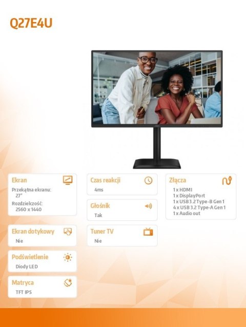 Monitor Q27E4U 27 cali IPS 120Hz HDMI DP Pivot Głośniki AOC