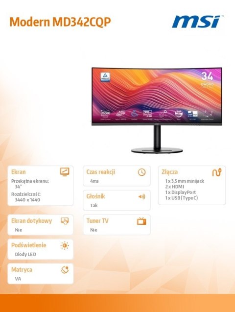 Monitor Modern MD342CQP 34 cale LED/UWQHD/Curve/120Hz/Black MSI