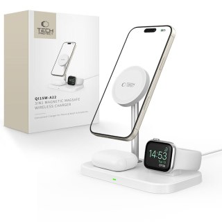Ładowarka indukcyjna 3w1 ze stojakiem na smartfon Apple Watch AirPods MagSafe - biała Tech-Protect