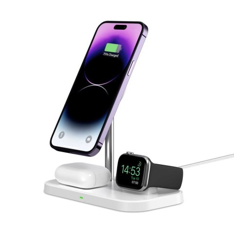Ładowarka indukcyjna 3w1 ze stojakiem na smartfon Apple Watch AirPods MagSafe - biała Tech-Protect