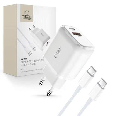Ładowarka sieciowa C20W USB-C USB-A 20W z kablem USB-C - biała Tech-Protect