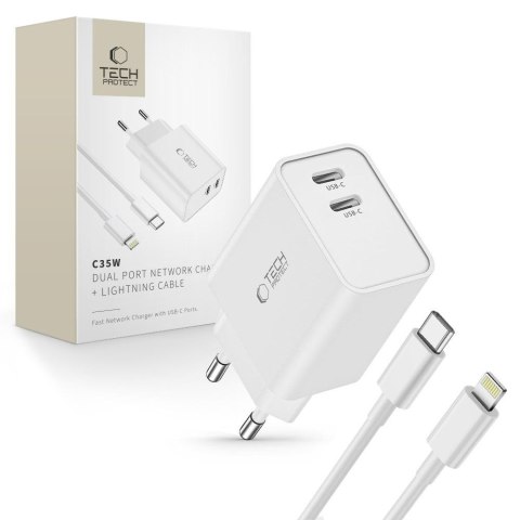 Ładowarka sieciowa C35W 2x USB-C z kablem USB-C - iPhone Lightning - biała Tech-Protect