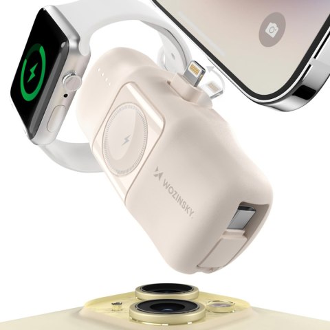 Mini powerbank 5000mAh 15W iPhone Lightning i ładowarką do Apple Watch - beżowy WOZINSKY