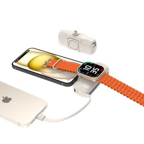 Mini powerbank 5000mAh 15W iPhone Lightning i ładowarką do Apple Watch - beżowy WOZINSKY