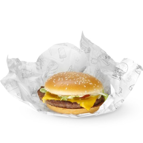 Papier pergaminowy do przekąsek frytek 25x35 cm wzór fast food - 500 szt. Hendi