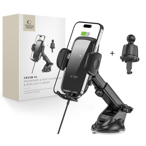 Uchwyt samochodowy z ładowarką indukcyjną do telefonu na kokpit kratkę 15W - czarny Tech-Protect
