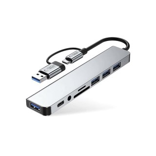 HUB rozdzielacz wielofunkcyjny 8w1 USB-C USB-A SD/TF AV3.5 - szary Tech-Protect