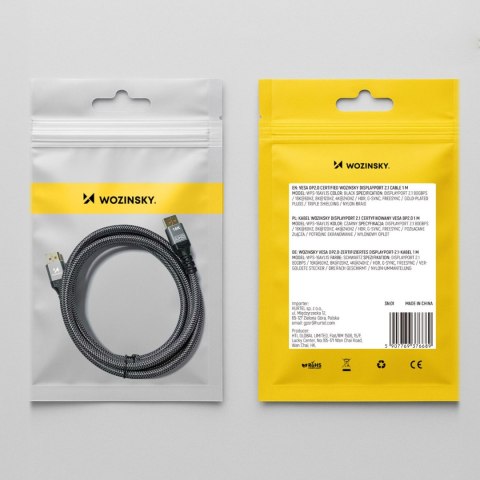 Kabel przewód DisplayPort z ceryfikatem VESA 80 Gb/s 16K HDR HDCP DSC 1m - czarny WOZINSKY