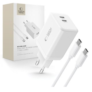 Ładowarka sieciowa NC45W-GAN 2x USB-C 45W z kablem USB-C - biała Tech-Protect