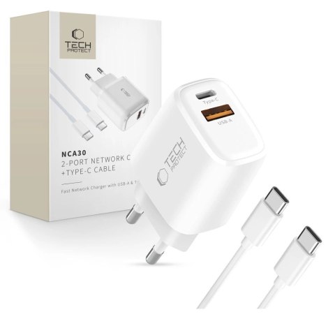 Ładowarka sieciowa NCA30 USB-A USB-C PD QC 30W z kablem USB-C 1m - biała Tech-Protect