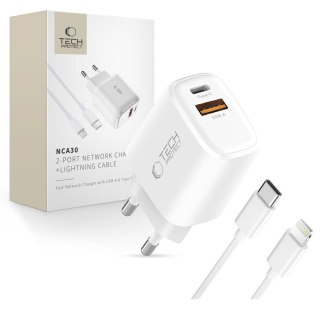 Ładowarka sieciowa NCA30 USB-A USB-C PD QC 30W z kablem USB-C - iPhone Lightning 1m - biała Tech-Protect