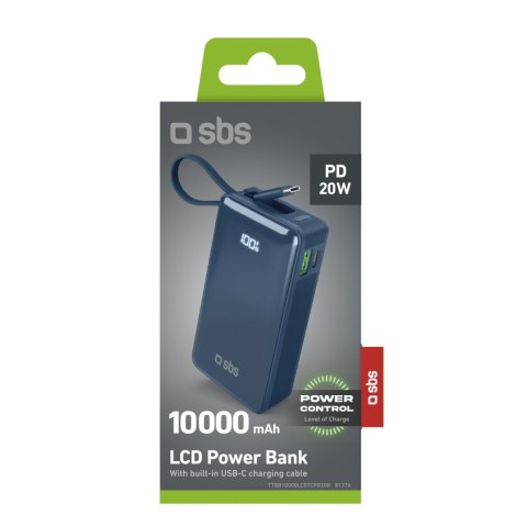 Powerbank 10000mAh USB-A USB-C z wyświetlaczem wbudowanym kablem USB-C 20W - ciemnoszary SBS