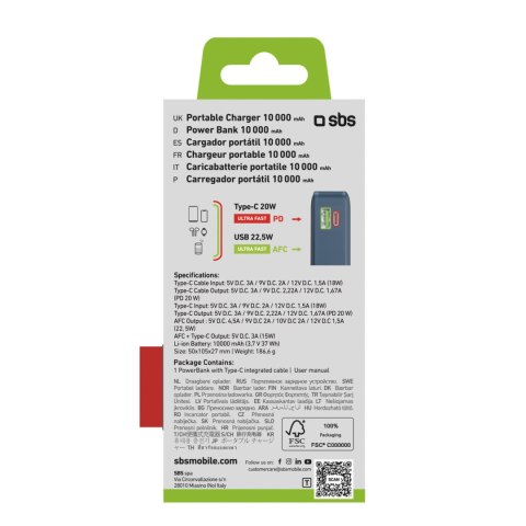 Powerbank 10000mAh USB-A USB-C z wyświetlaczem wbudowanym kablem USB-C 20W - ciemnoszary SBS