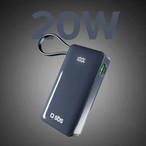Powerbank 10000mAh USB-A USB-C z wyświetlaczem wbudowanym kablem USB-C 20W - ciemnoszary SBS