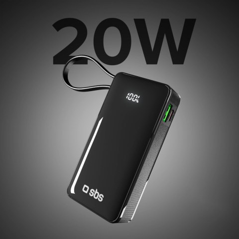 Powerbank 10000mAh USB-A USB-C z wyświetlaczem wbudowanym kablem USB-C 20W - czarny SBS