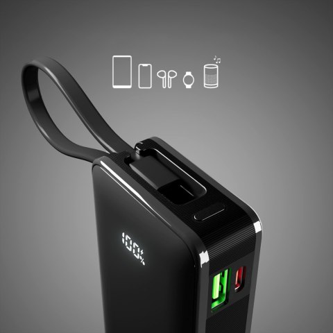 Powerbank 10000mAh USB-A USB-C z wyświetlaczem wbudowanym kablem USB-C 20W - czarny SBS