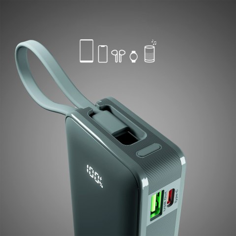 Powerbank 10000mAh USB-A USB-C z wyświetlaczem wbudowanym kablem USB-C 20W - szary SBS