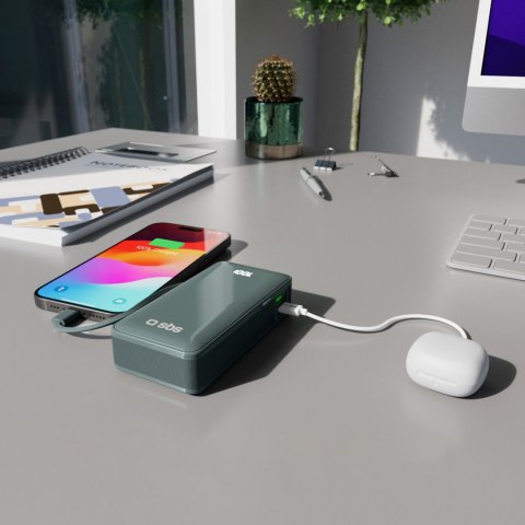 Powerbank 10000mAh USB-A USB-C z wyświetlaczem wbudowanym kablem USB-C 20W - szary SBS